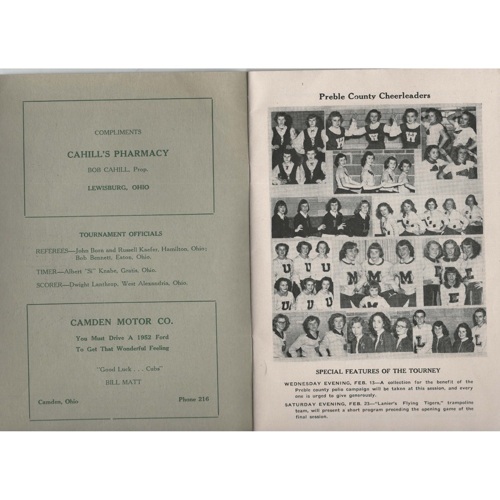 1952 Preble County Basketball Tournament Program Earlham Fieldhouse Indiana VG- - Picture 3 of 3
